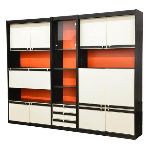 Black and White Bookcase Wall Unit w Orange Back