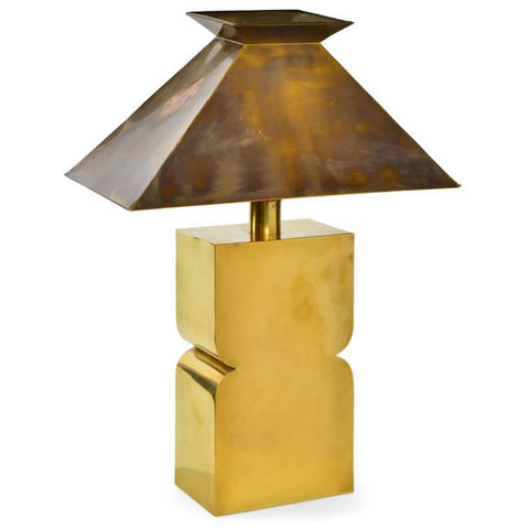 Huge Brass Block Table Lamp w Brass Triangle Shade