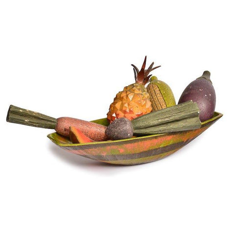 Green and Orange Painted Wood Bowl and Fruit Sculpture