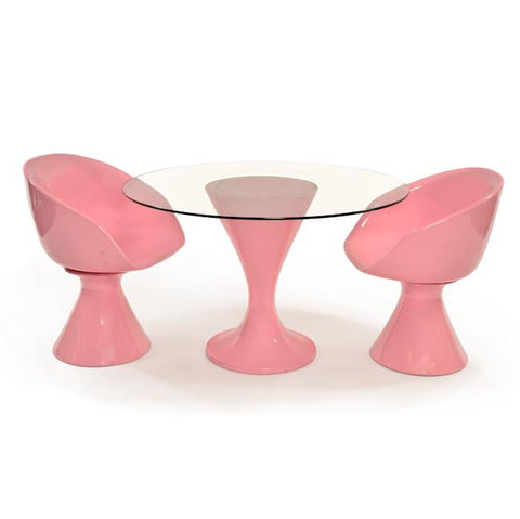 Pink Fiberglass + Round Glass Top Dining Table