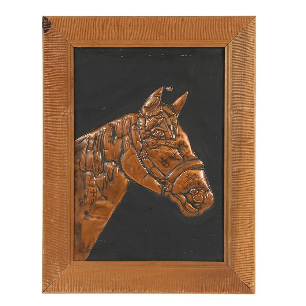 Vintage Copper Horse Portrait Artwork in Wood Frame A