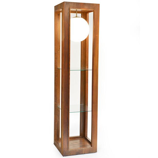 Wood Tower Floor Lamp with White Globe + Glass Shelves