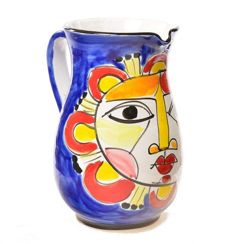 Blue Ceramic Pitcher with Sun Painting