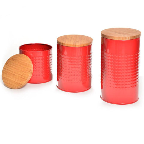 Set of 3 Red Cylinder Kitchen Jars w Wood Lids