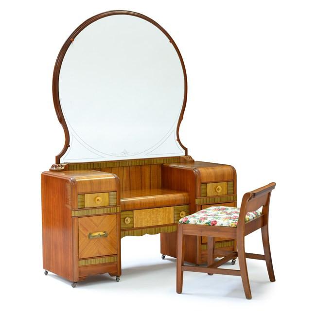 Large Antique Wood Vanity w Round Mirror - Gil & Roy Props Large Antique Wood Vanity w Round Mirror - Gil & Roy Props