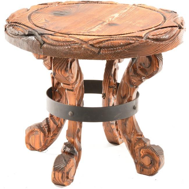 Wood Carved Round Rustic Witco Side Table