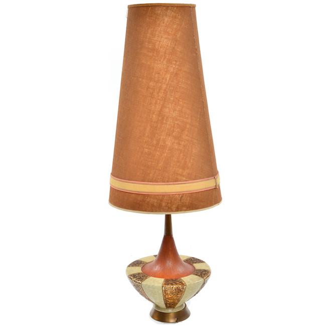Huge Wood Cream Table Lamp w Tall Brown Burlap Shade