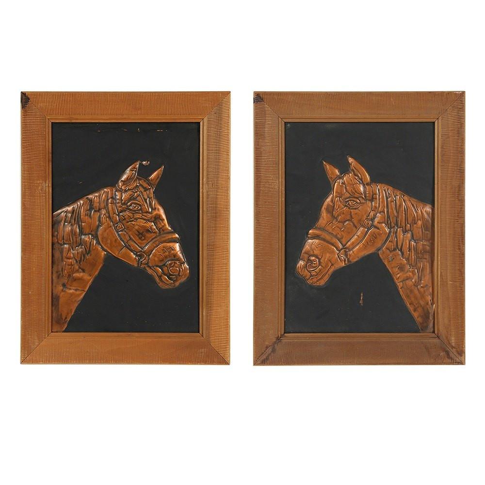 Vintage Copper Horse Portrait Artwork in Wood Frame B