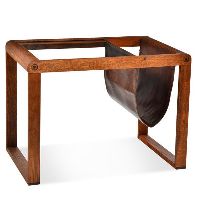 Wood and Leather Sling Magazine Rack Table