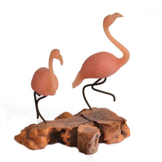 Pink Flamingos on Wood Mini Sculpture