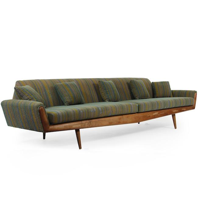 Green Stripe Fabric Danish Wood Sofa