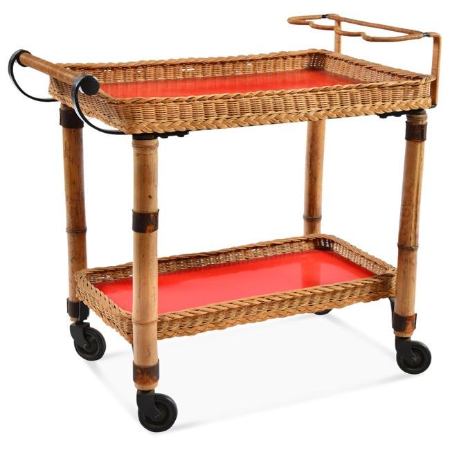 Wicker and Red Serving Cart