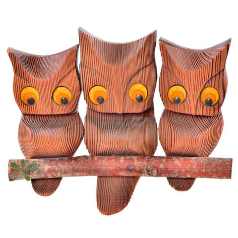 Wood Carved Owl Trio