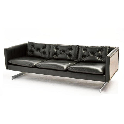 Black Leather Tufted Sofa with Wooden Sides