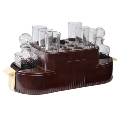 Vintage Brown Drink Caddy with 8 pc Glassware Set