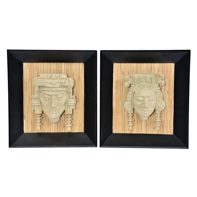 Pair of Framed Aztec Head Relief Art