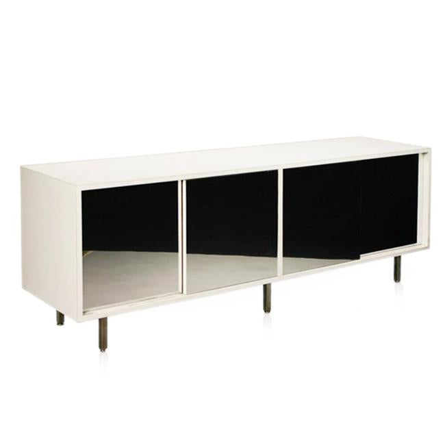 White Mid Century Credenza with Silver Mirror Doors