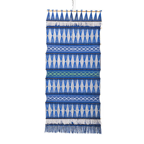Large Blue Woven Pattern Vintage Textile Art