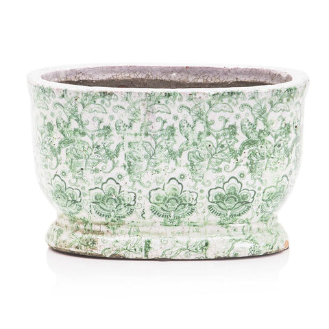 Green Ceramic Pot with Victorian Floral Design Wide (A+D)
