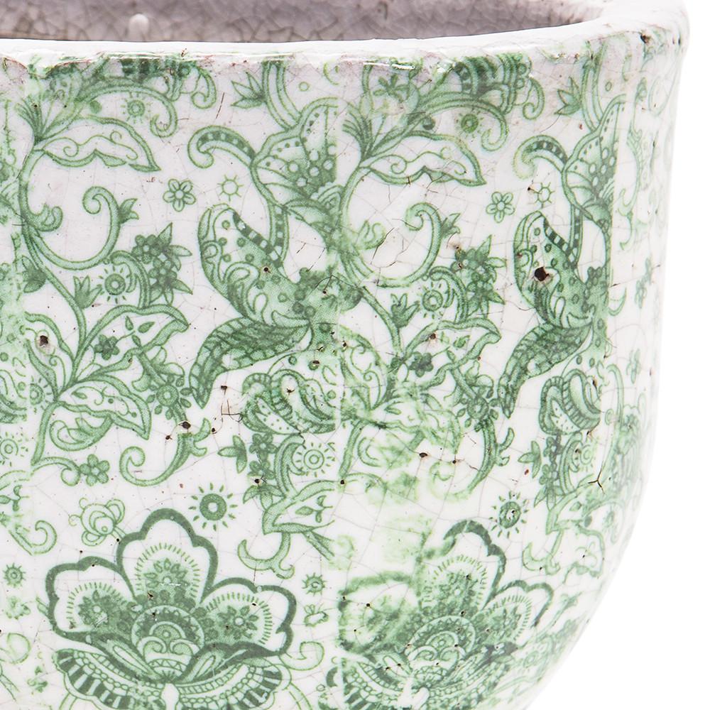 Green Ceramic Pot with Victorian Floral Design Wide (A+D)