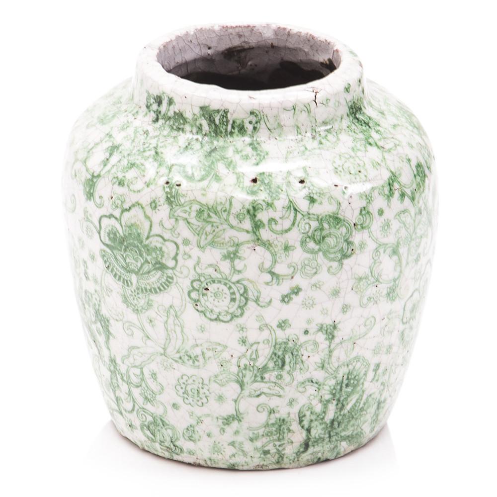 Green Ceramic Pot with Victorian Floral Design Round (A+D)
