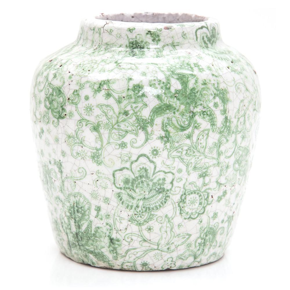 Green Ceramic Pot with Victorian Floral Design Round (A+D)
