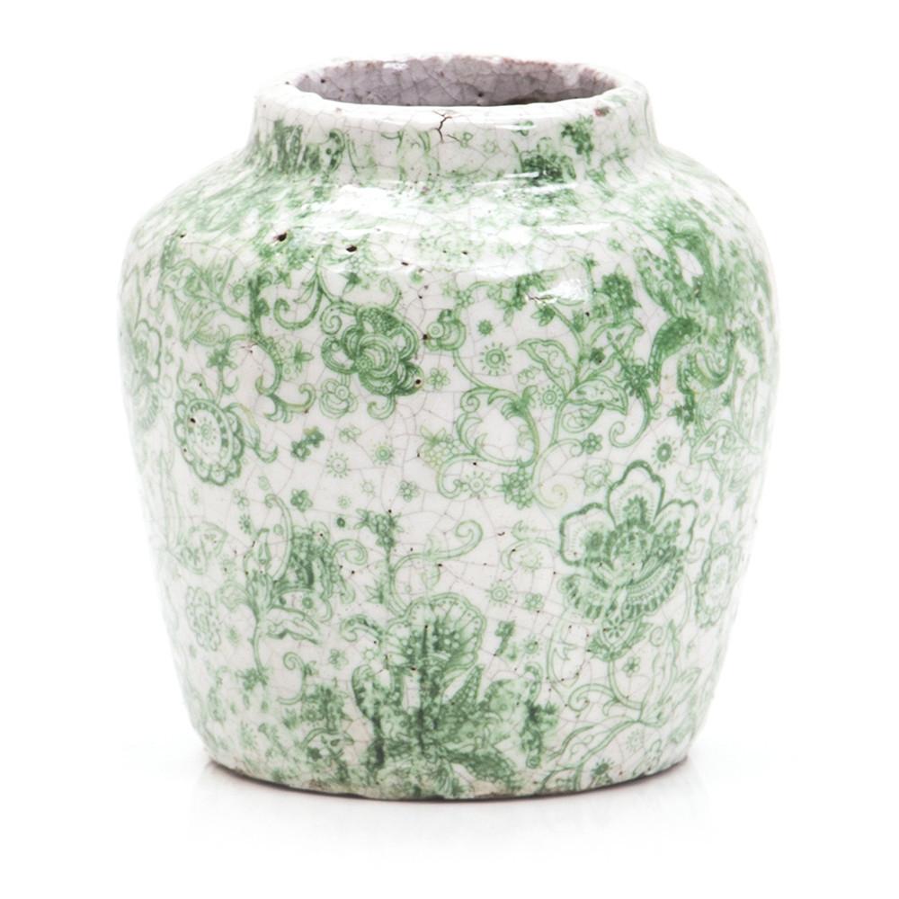 Green Ceramic Pot with Victorian Floral Design Round (A+D)