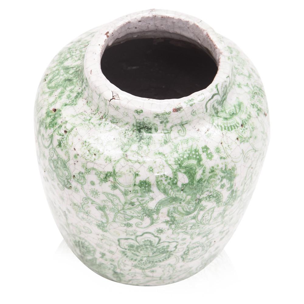 Green Ceramic Pot with Victorian Floral Design Round (A+D)