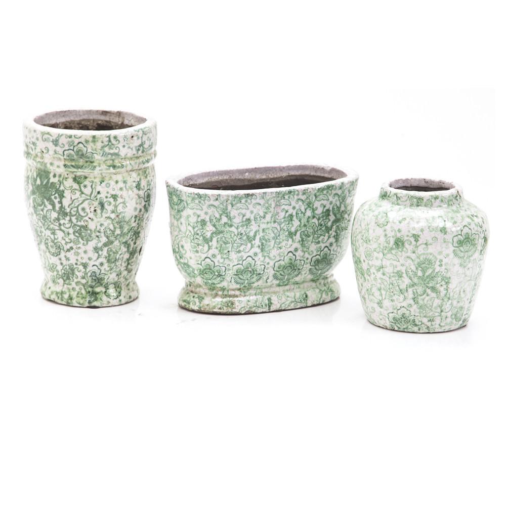 Green Ceramic Pot with Victorian Floral Design Round (A+D)