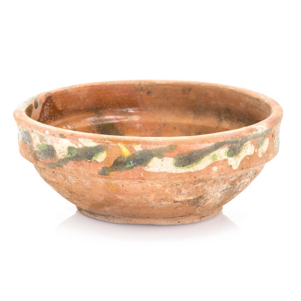 Orange Terracotta Bowl with Green and White Design (A+D)