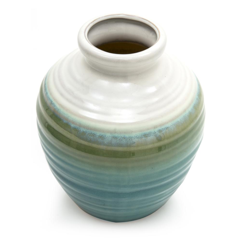 Green Aqua Ceramic Ribbed Vase (A+D)