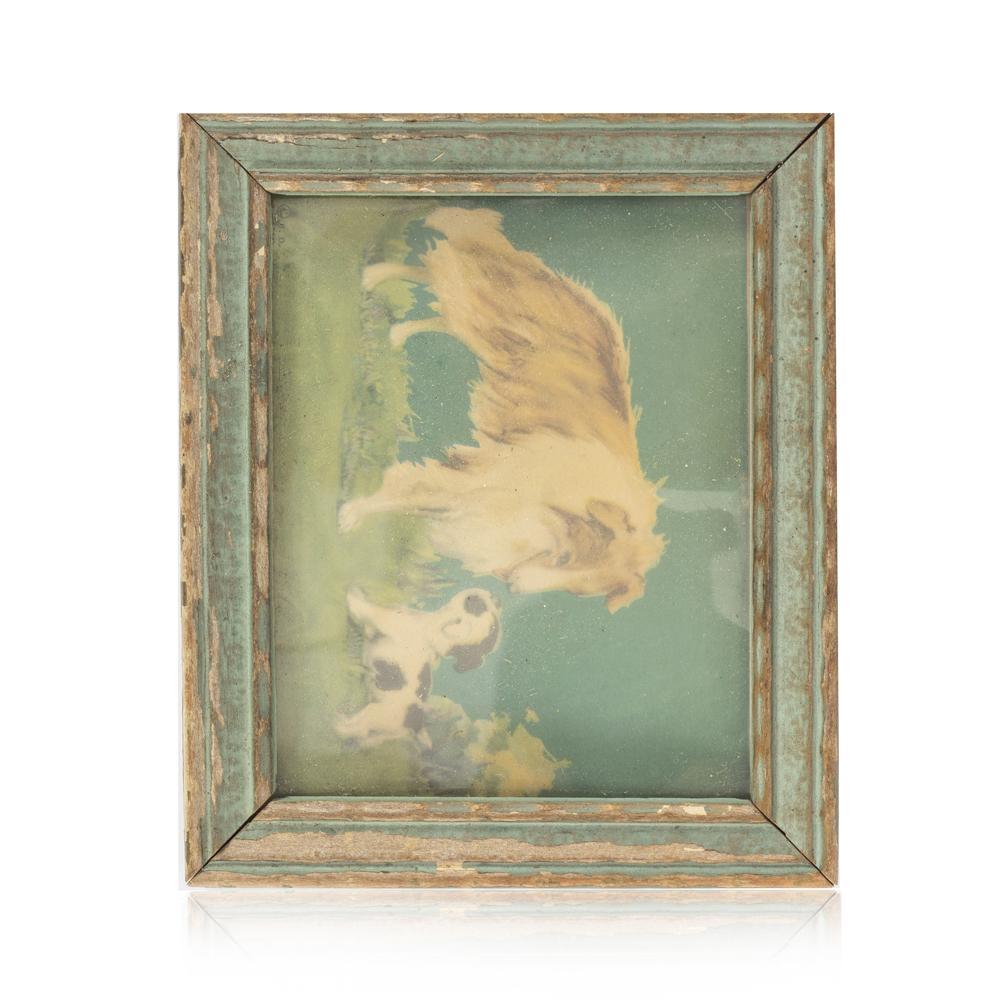 0.117 (A+D) Green Aqua Dog Painting in Rustic Frame