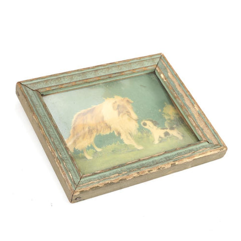 0.117 (A+D) Green Aqua Dog Painting in Rustic Frame