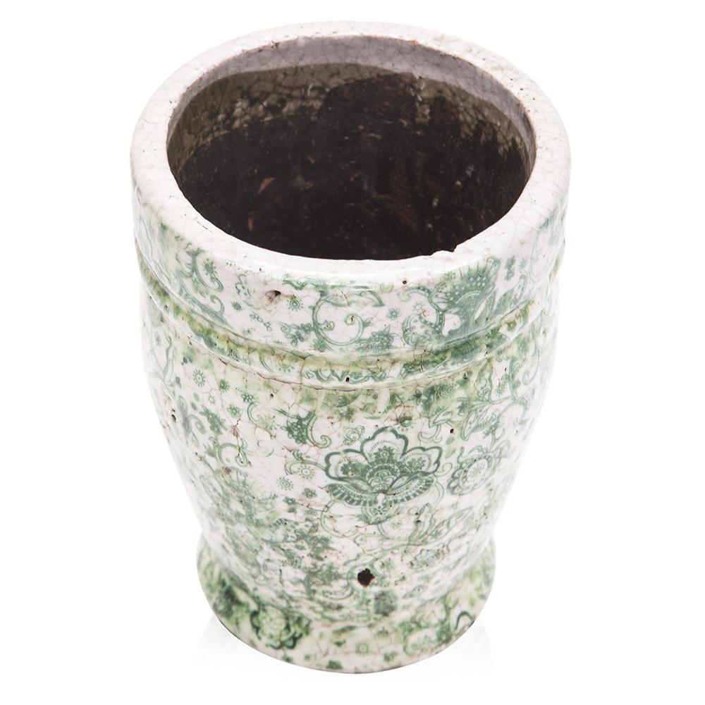 Green Ceramic Pot with Victorian Floral Design Tall (A+D)