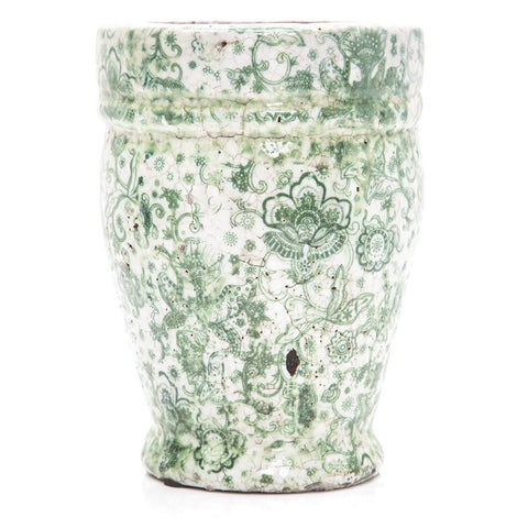 Green Ceramic Pot with Victorian Floral Design Tall (A+D)