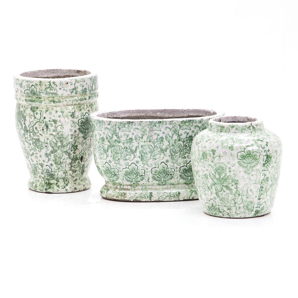 Green Ceramic Pot with Victorian Floral Design Round (A+D)