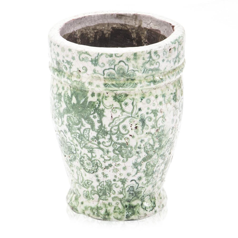 Green Ceramic Pot with Victorian Floral Design Tall (A+D)