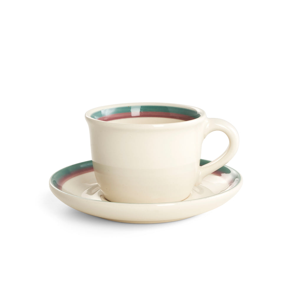 White Ceramic Mug and Dish w/ Blue & Red Lining