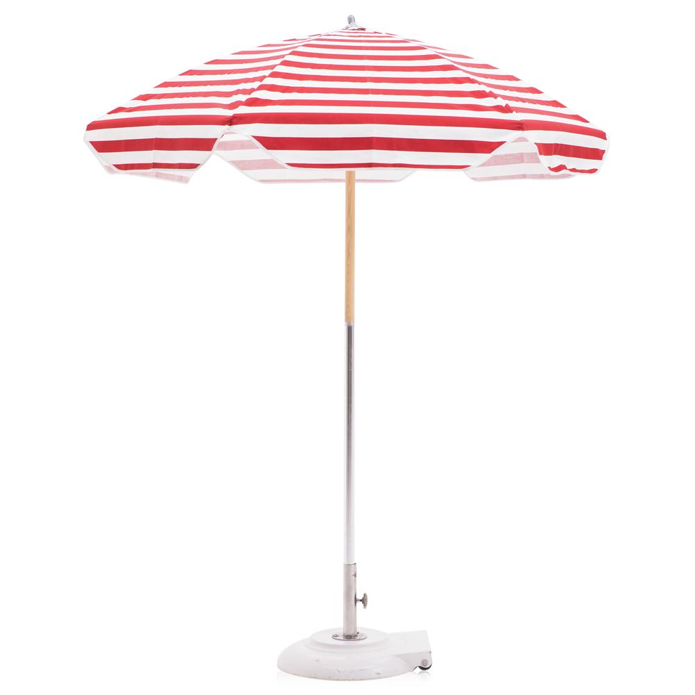Red and White Striped Patio Umbrella with Base