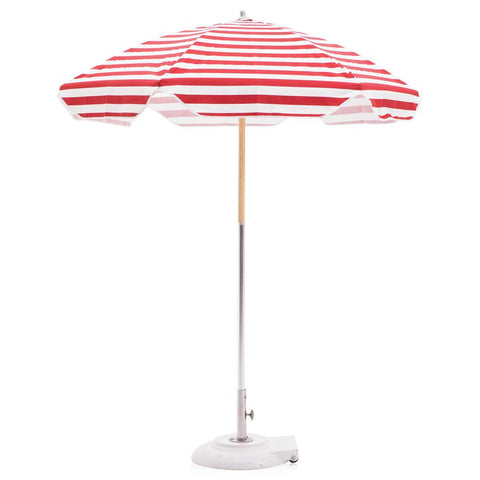 Red and White Striped Patio Umbrella with Base