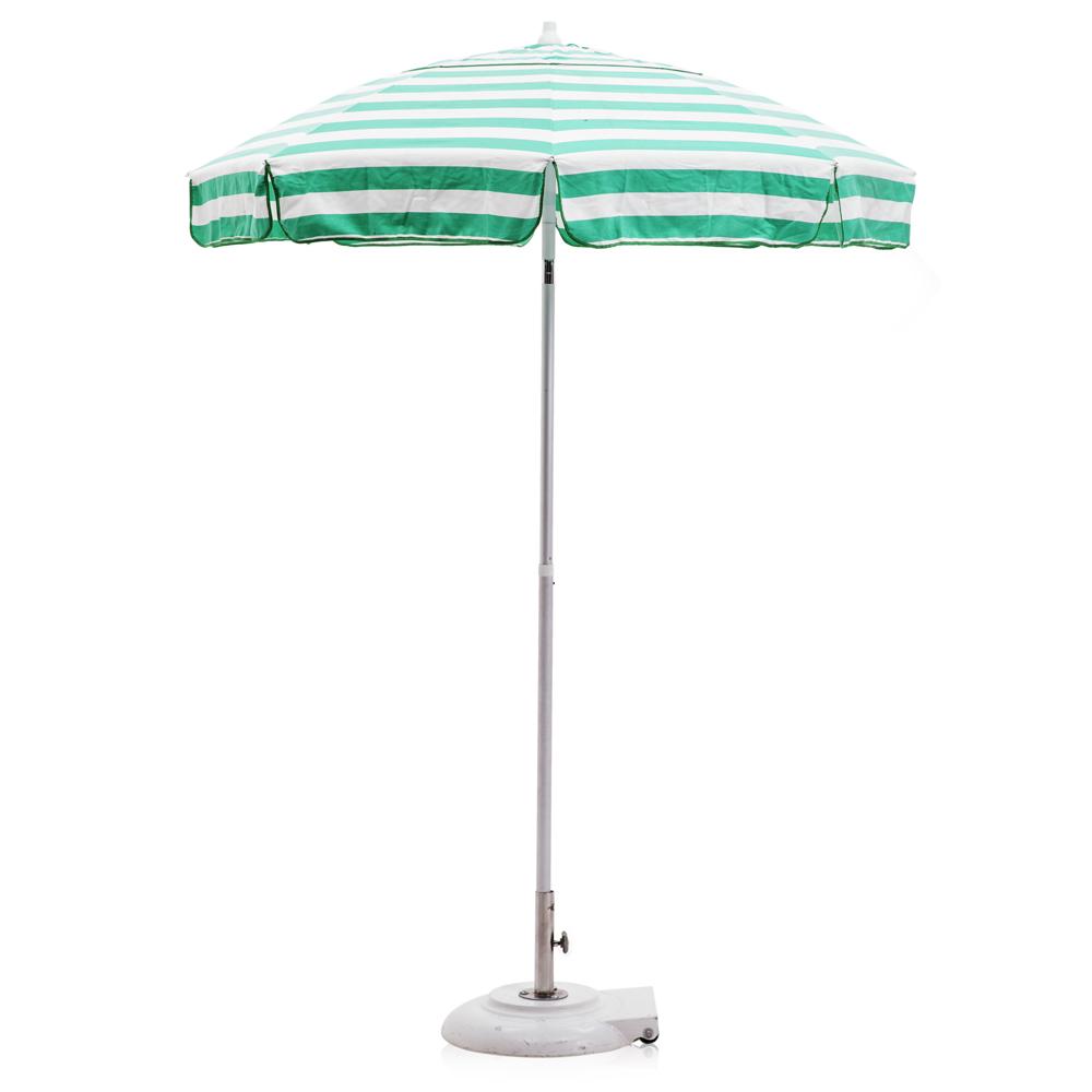 Bright Green and White Striped Patio Umbrella and Base