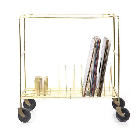 Gold Wire Record Storage Cart w Black Wheels