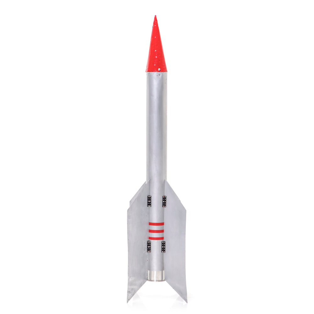 Silver & Red Metal Rocket Sculpture