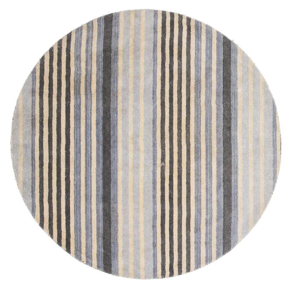 Round Grey and Blue Striped Rug