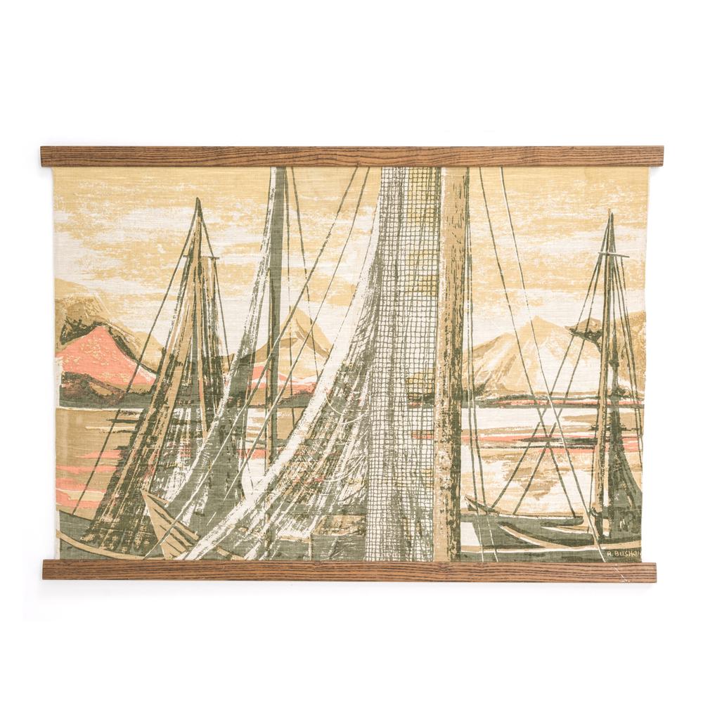 Tan Fabric Boat Scene Vintage Tapestry