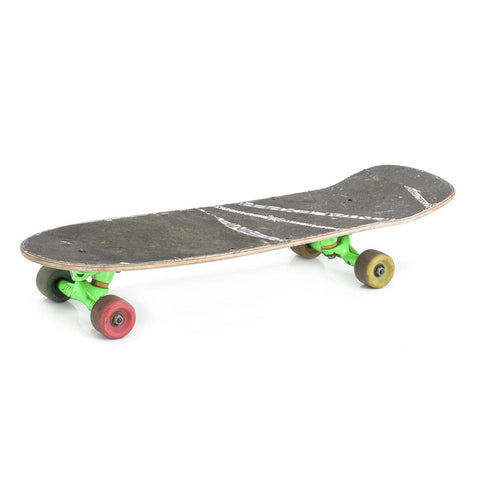 Messy Metal Skateboard with Green Trucks, Red & Yellow Wheels