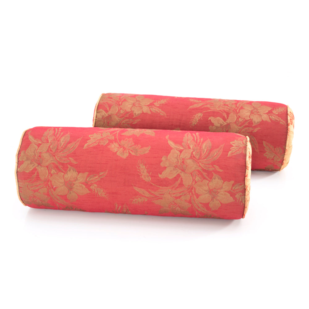 Red and Gold Floral Silk Bolster Pillow