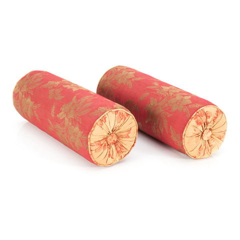 Red and Gold Floral Silk Bolster Pillow