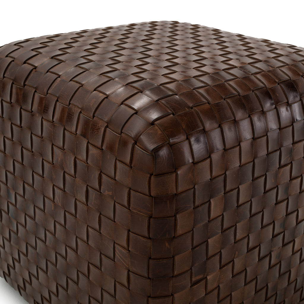 Brown Leather Woven Ottoman