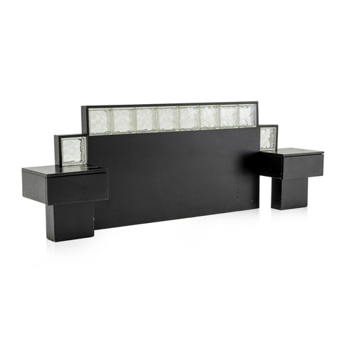 Black Wavy Glass Block Headboard with Attached Bedside Tables